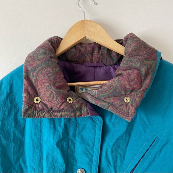 Vintage Long Trench Winter Jacket Teal and Purple with waist tie and zipper - Picture 4 of 15